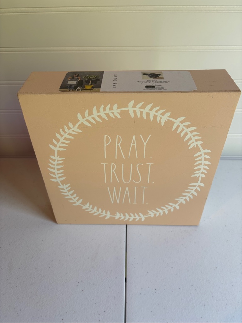 Rae Dunn Peach Wall Plaque with White Wreath and Text
